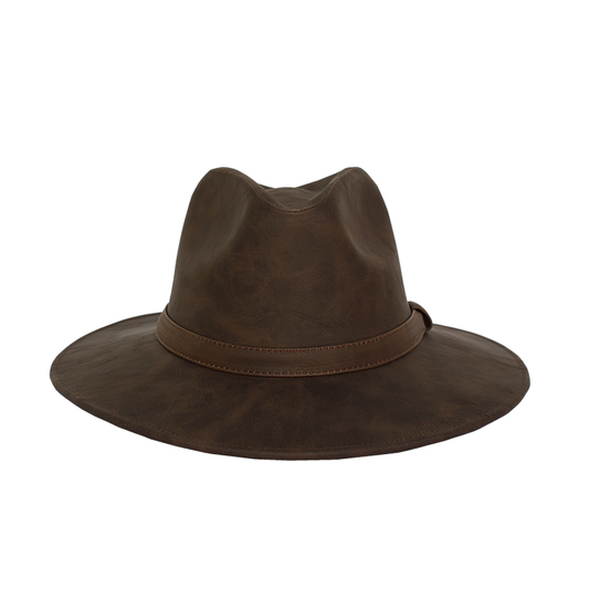 Brown Faux Leather Fedora Hat. 